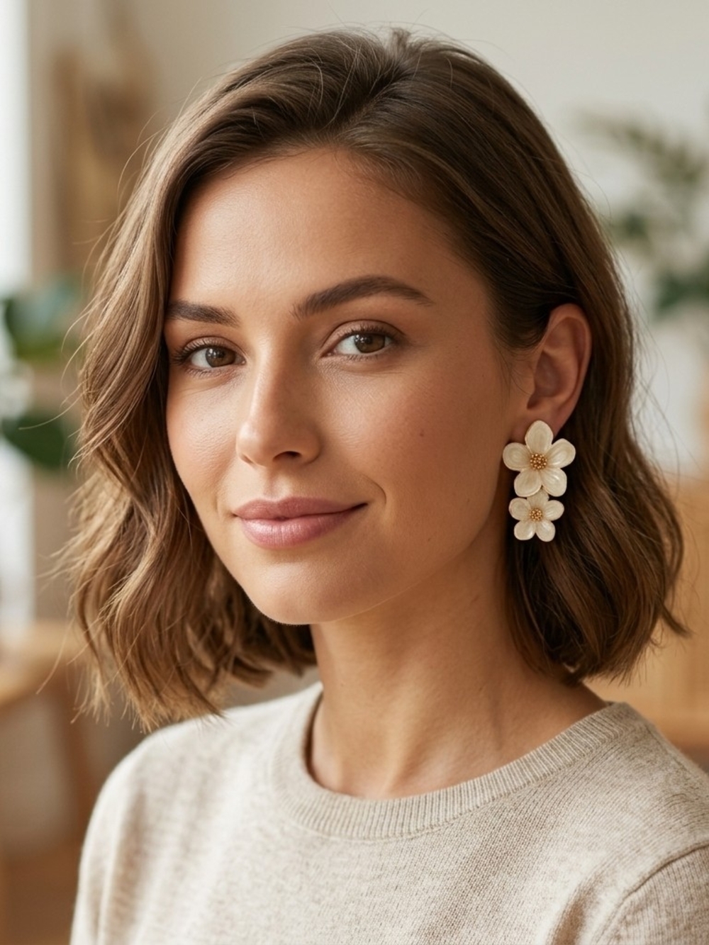 Piper K Hand Painted Floral Drop Earrings in Cream - Women Jewelry